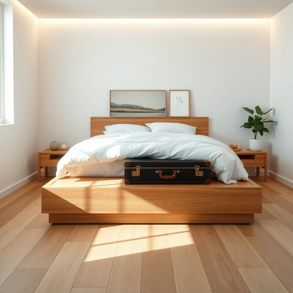 Minimalist bedroom platform bed with light walnut slats suitcase on low profile rollers tucked under soft white bedding recessed LED strip lighting subtle landscape photograph behind headboard