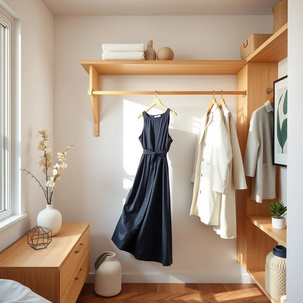 Minimalist closet interior light oak shelving two tension fit rods upper rod holding flowing navy dresses lower rod displaying crisp white coats soft diffused daylight from a nearby window illuminates the organized space