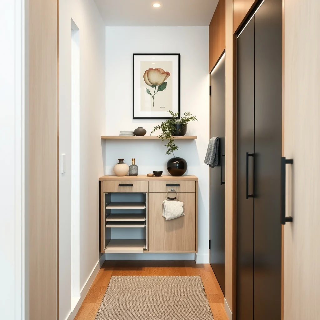 Minimalist hallway closet narrow white walls light oak plywood pull out pantry on low friction rollers soft recessed LED strip lighting matte black hardware a small abstract botanical print above tight composition