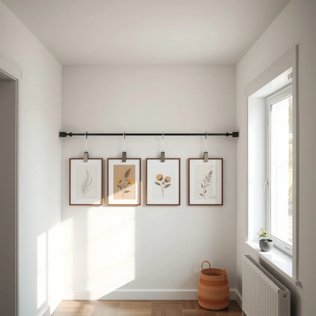 Minimalist hallway showcases a matte black tension rod stretched between opposite walls holding brushed steel clips that display three slim frames of botanical prints soft natural light spilling from a nearby window