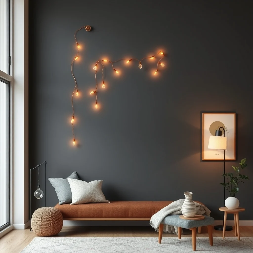 Minimalist living room wall featuring a sleek curved copper wire strip delicate LED light strings and small glass ornaments drape gracefully set against matte charcoal paint bathed in warm ambient lamp glow