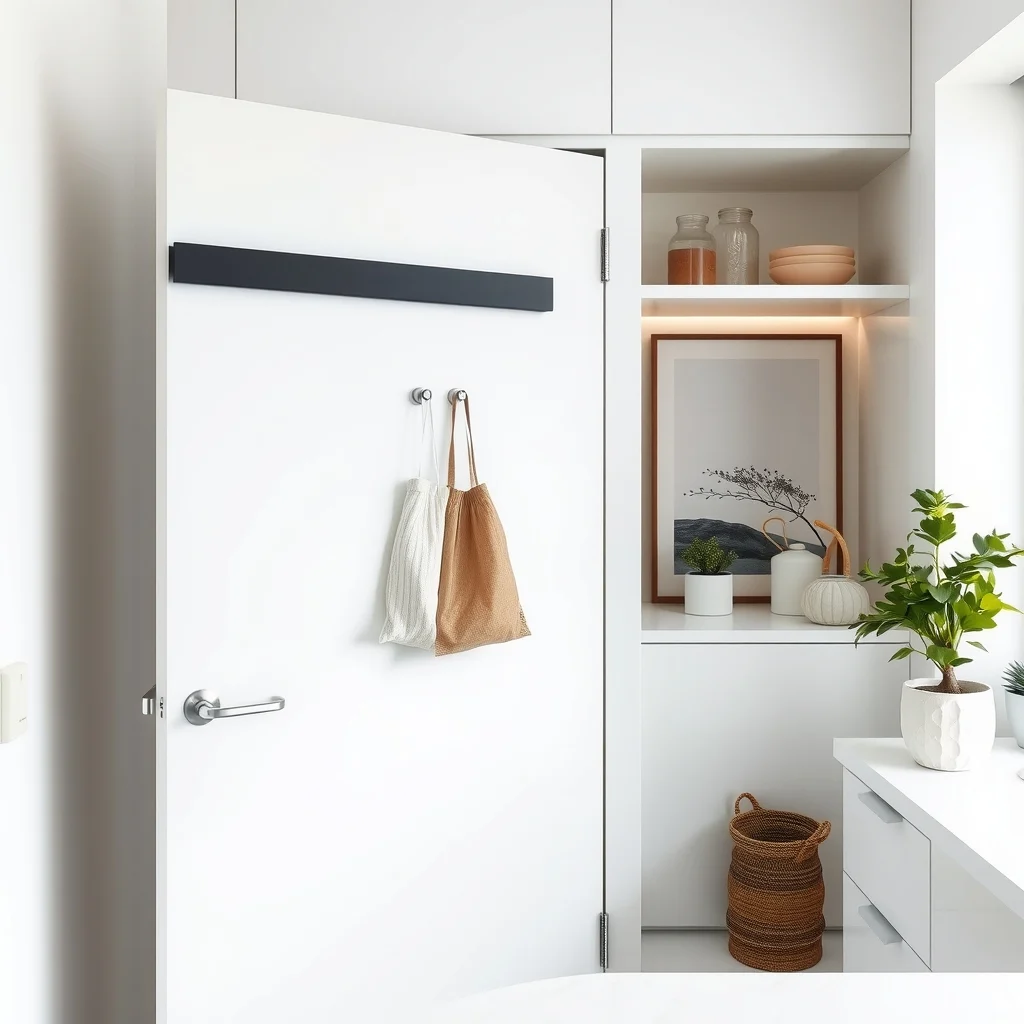 Minimalist pantry interior shows sleek black magnetic strip adhered to door interior silver looped reusable bags cling discreetly highlighted by soft under cabinet LED glow