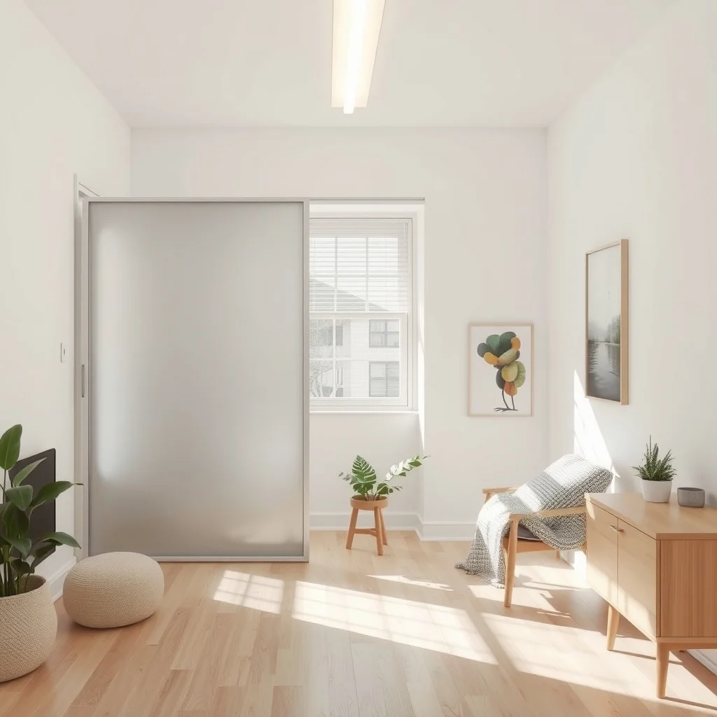 Minimalist studio corner featuring a frosted glass sliding pocket door partially open revealing a soft gray privacy screen light pine floor white ceiling and a narrow LED strip accent