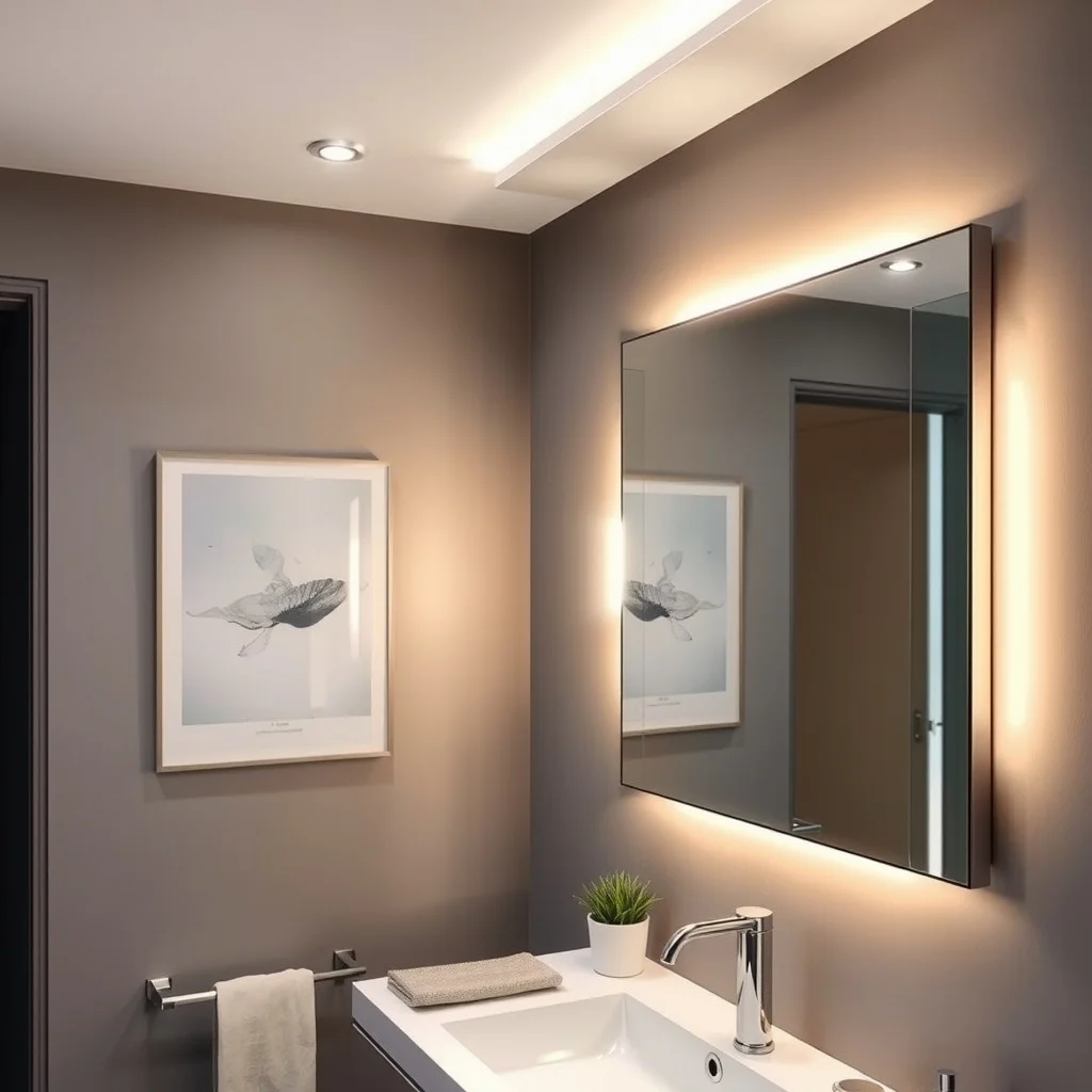 Modern bathroom lighting layer overhead LED recessed light plus warm white LED strip along vanity edge brushed steel fixtures cool gray walls reflective chrome mirror close up view highlighting gentle illumination and shadow reduction