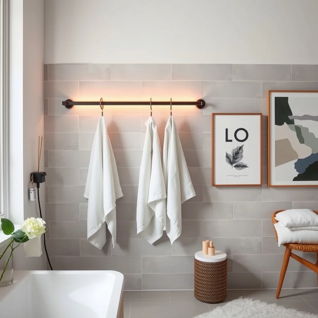 Modern bathroom wall featuring a brushed nickel rail with matte black sliding hooks crisp white towels hanging at varied heights backlit by warm LED strip abstract geometric typography art on adjacent tile