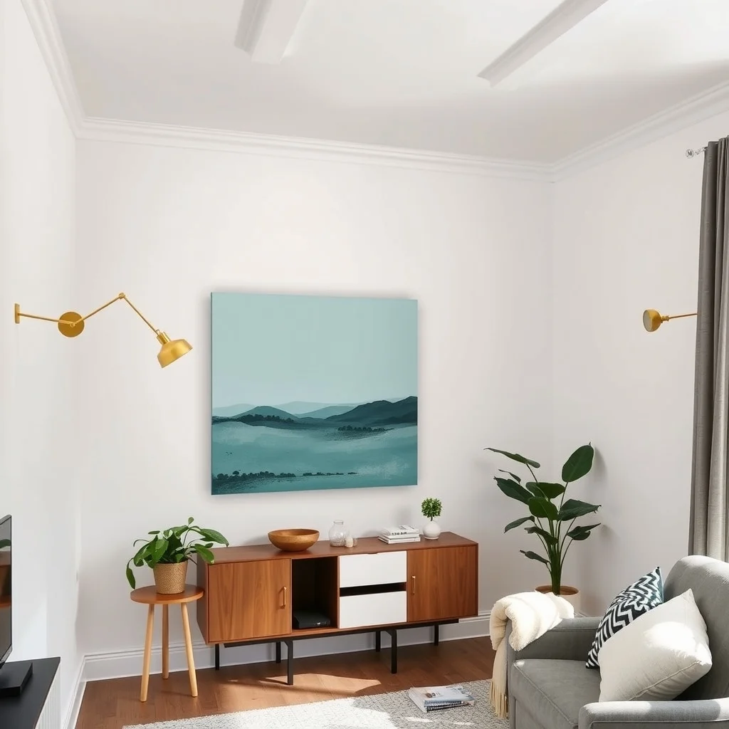 Modern brass swing arm sconces affixed to the corner wall extend outward their upward bent arms reflecting light onto a brushed nickel ceiling while a subtle teal abstract canvas adds depth