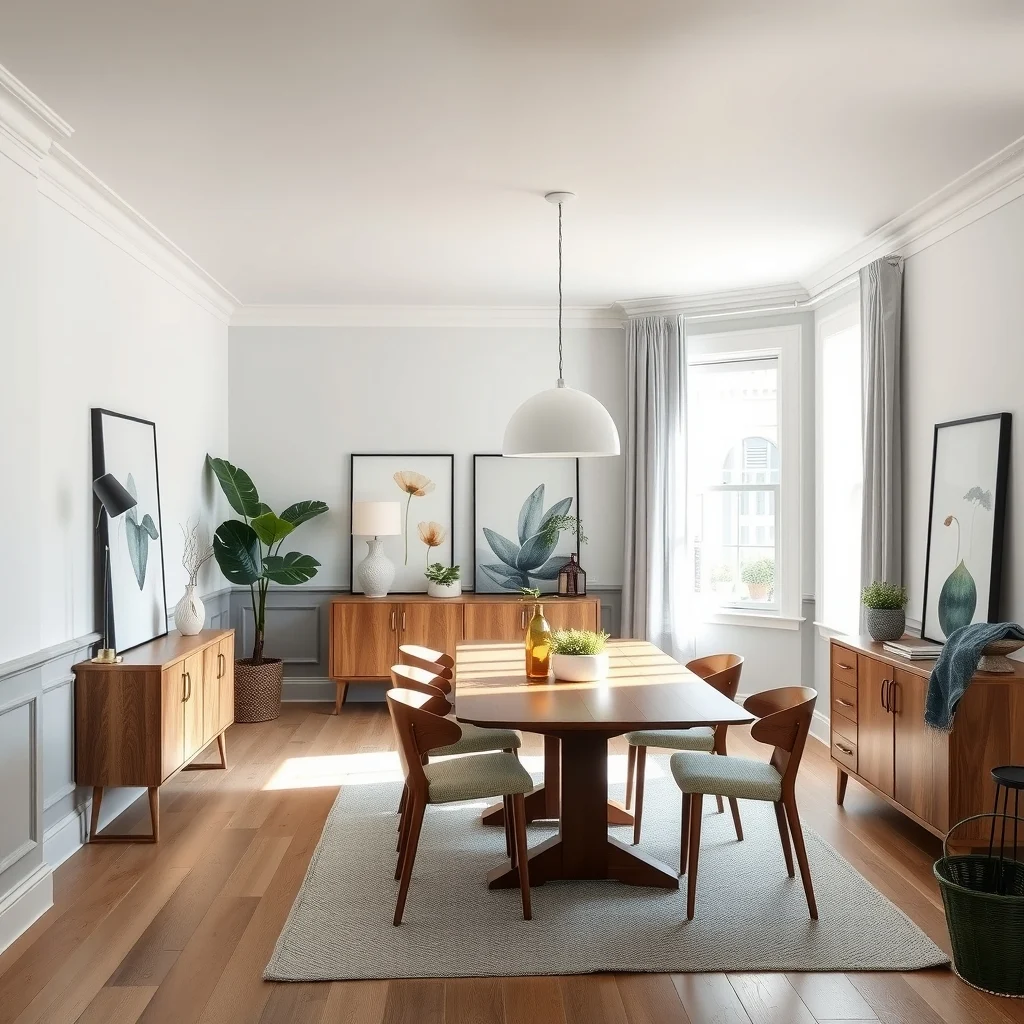 Modern dining room with removable crown molding in crisp white polymer snapping onto ceiling line adjacent chair rail in soft gray adds depth illuminated by natural window light