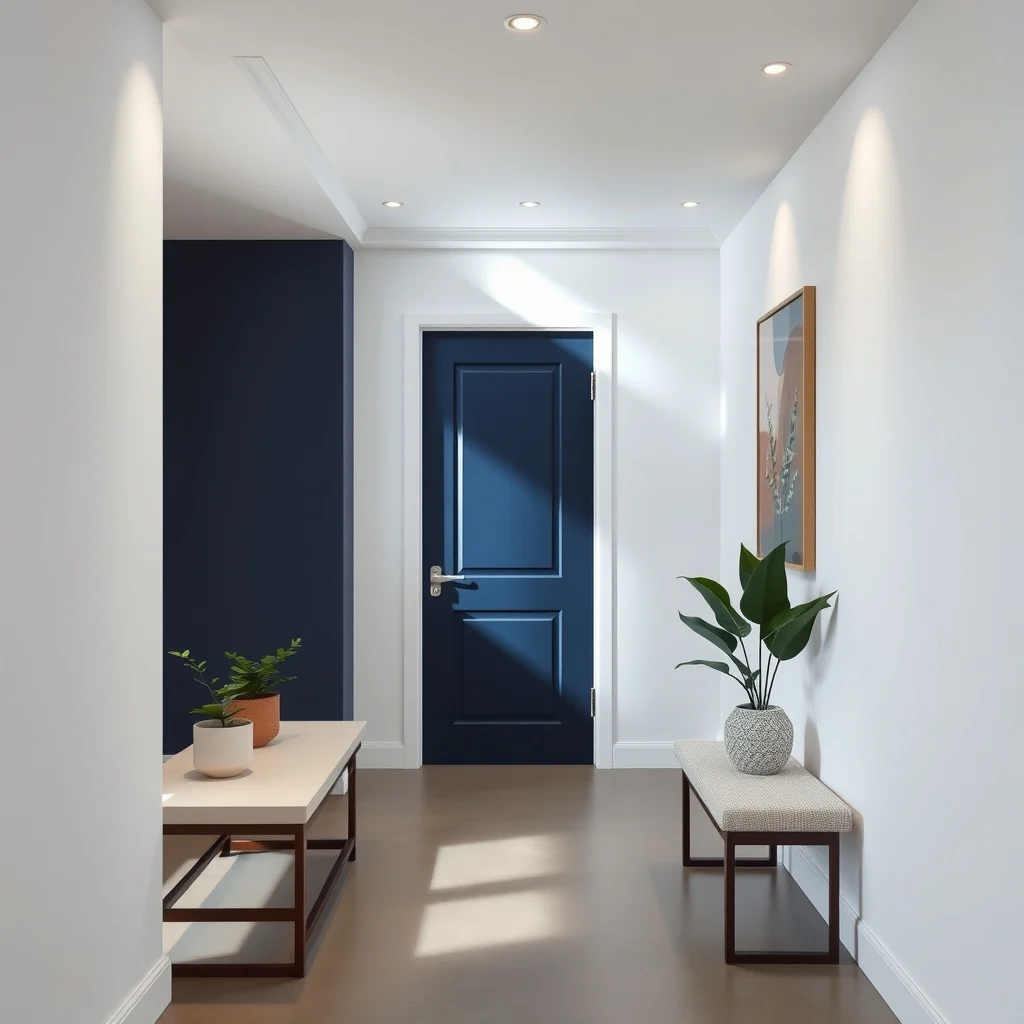 Modern hallway view deep navy painted door contrasting crisp white walls sleek matte finish subtle recessed ceiling lighting casting soft shadows wide-angle composition emphasizing the bold color statement
