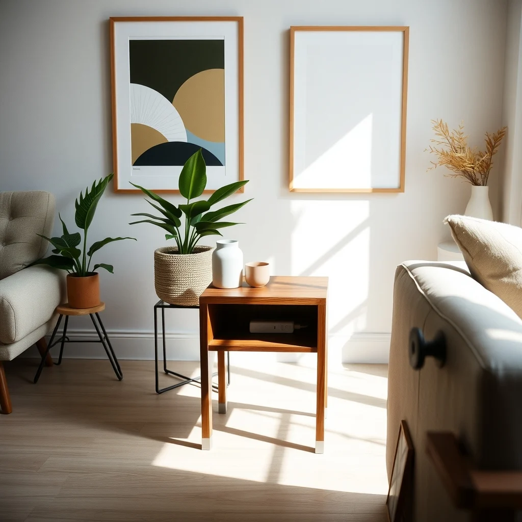 Modern living room narrow oak side table with walnut veneer top polished discreet rectangular cutout revealing a sleek power strip soft natural light from a nearby window minimalistic décor abstract geometric wall art