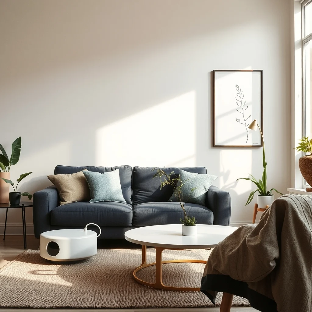Modern living room with charcoal sofa a matte ivory power hub tucked beside a low coffee table painted to blend with the pastel wall warm afternoon light spills across a textured rug