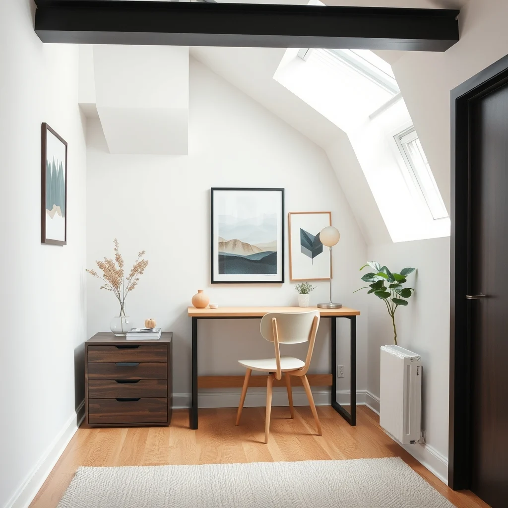 Modern loft bedroom office powder coated steel frame in matte black dark stained birch drawers lining the side minimalist desk below cool daylight from skylight abstract geometric wall art wide angle view