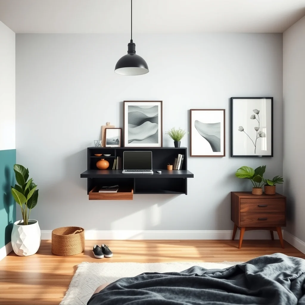 Modern loft bedroom wall mounted folding desk in matte black integrated shallow walnut drawers pendant industrial light above desk lowered revealing workspace subtle teal accent wall angled wide angle view