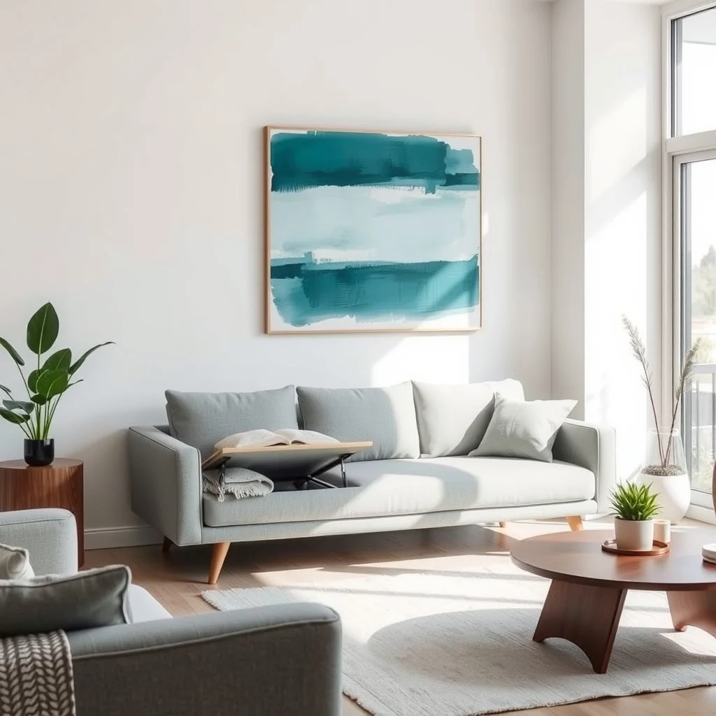 Modern mid century sofa with lift up cushion light gray upholstery hidden storage set against a white wall with abstract teal brushstroke art natural daylight streams from large window sleek walnut coffee table nearby