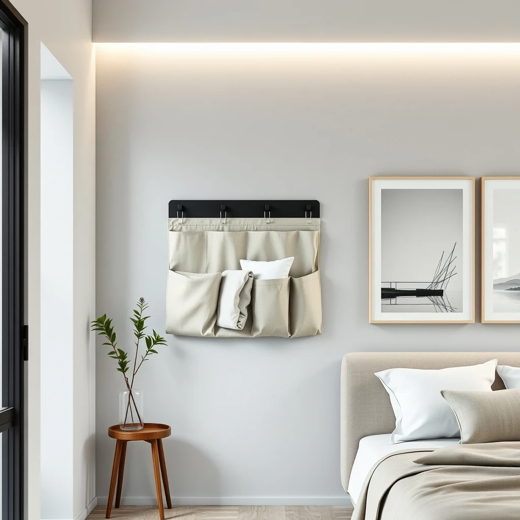 Modern minimal bedroom entryway shows a canvas fabric wall organizer on a matte black hook each pocket labeled pastel linen sheets inside cool white LED strip lighting charcoal concrete wall