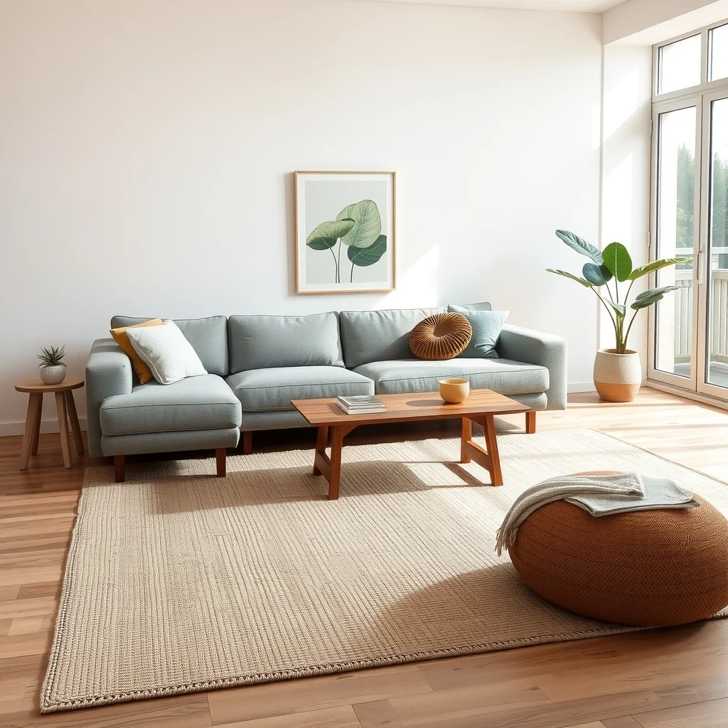 Modern minimal living area wide shot warm greige low pile natural fiber rug anchoring a sleek gray sofa and walnut coffee table soft natural light from a nearby window subtle abstract wall art behind