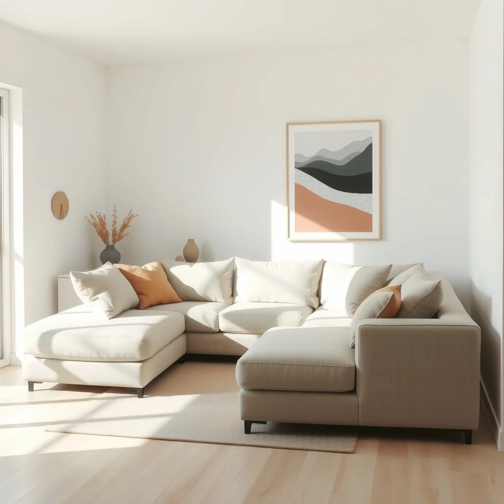Modern minimal living corner featuring a low profile greige linen sofa with a sleek chaise modular sections arranged in an L shape natural light streams from a nearby window soft shadows abstract geometric wall art