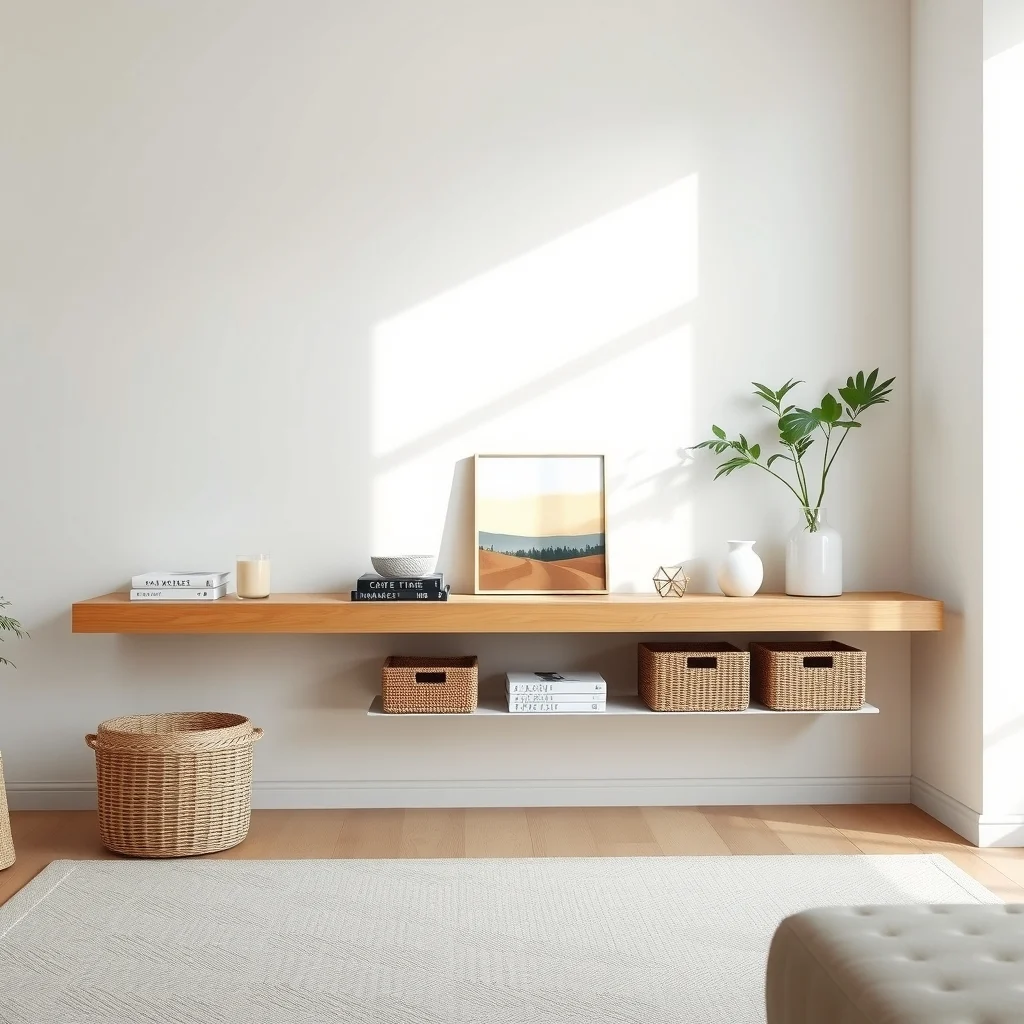 Modern minimalist living room with white walls soft natural light low profile light oak floating shelves just above the floor holding neatly stacked coffee books woven storage boxes and a small abstract canvas