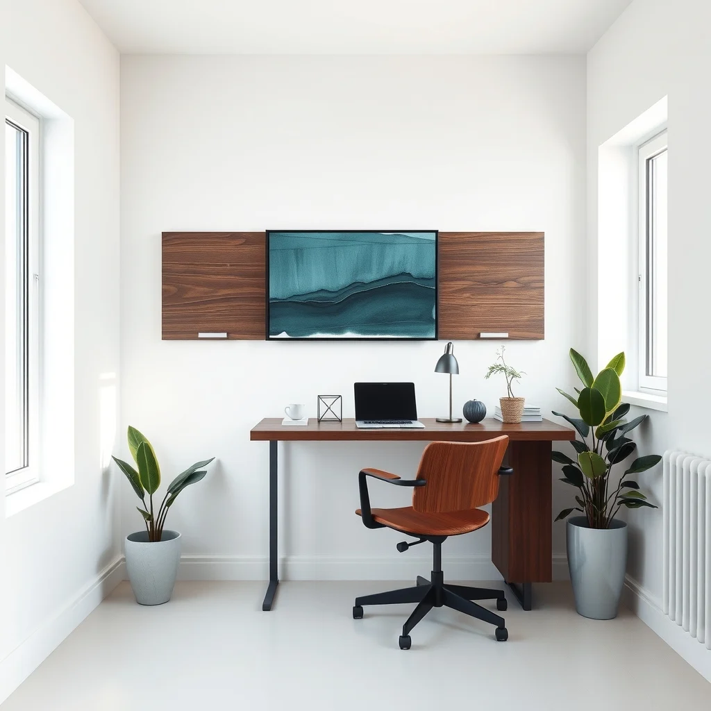 Modern minimalist studio corner matte white walls sleek dark walnut fold down wall mounted table unfolded solid hardwood top brushed steel brackets soft daylight from nearby window abstract teal geometric art above