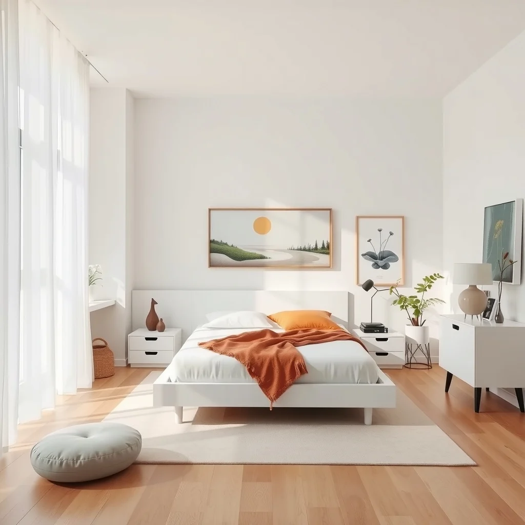 Modern minimalist studio wide angle view showing a low half wall of white lacquered shelving separating a sleek platform bed from a pastel