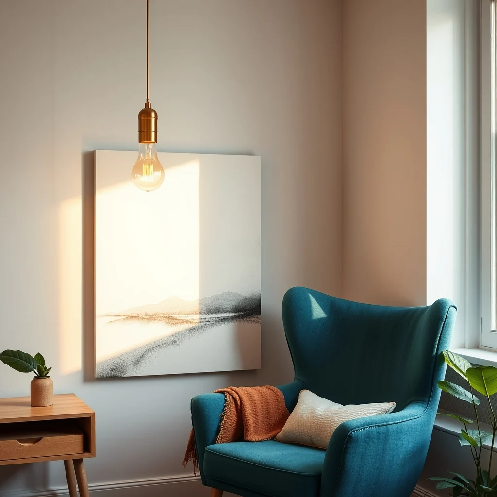 Modern studio corner featuring a warm toned 2700 K LED bulb in a brushed brass pendant golden light bathing a teal velvet armchair subtle abstract canvas close up on luminous texture