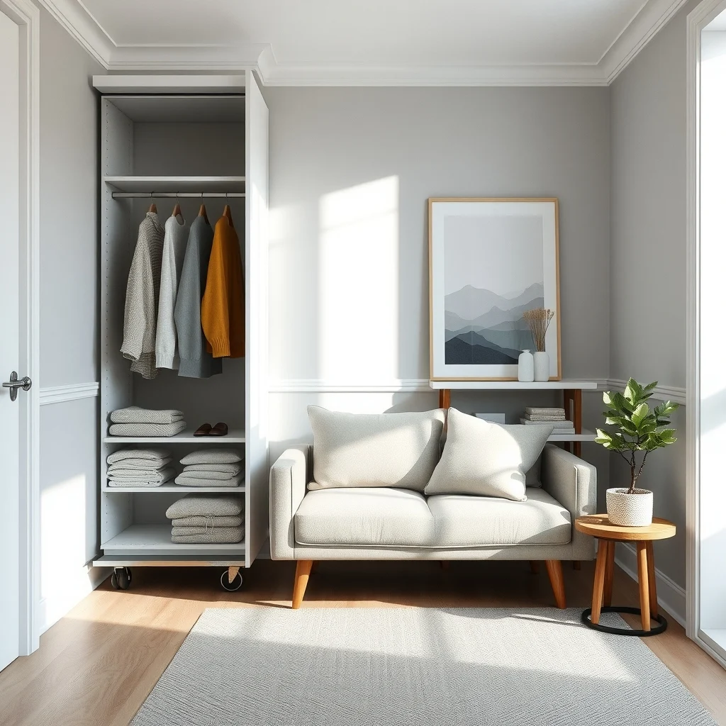 Narrow rolling wardrobe on sleek chrome wheels slides behind a low profile sofa adjustable white shelves hold folded sweaters set against pale gray walls bathed in soft natural hallway light minimalist Scandinavian vibe