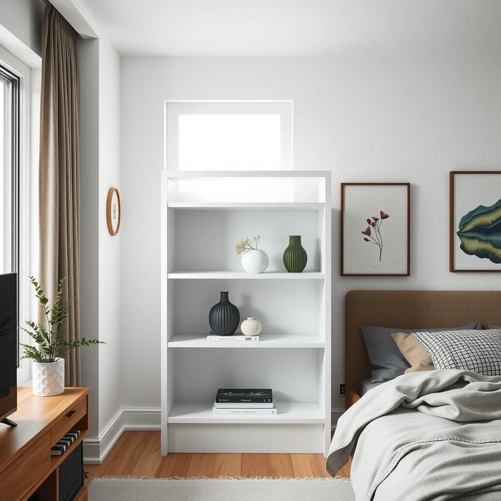 Open back bookshelf divider with three tiers sleek white lacquer holding a few ceramic vases and a small succulent placed beside a sleeping nook diffused daylight creates privacy while keeping openness medium shot
