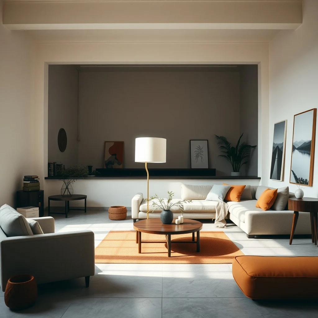 Open plan loft with a tall drum shade floor lamp creating a luminous partition light spilling onto a low coffee table concrete floor muted terracotta accents wide shot showing defined zones