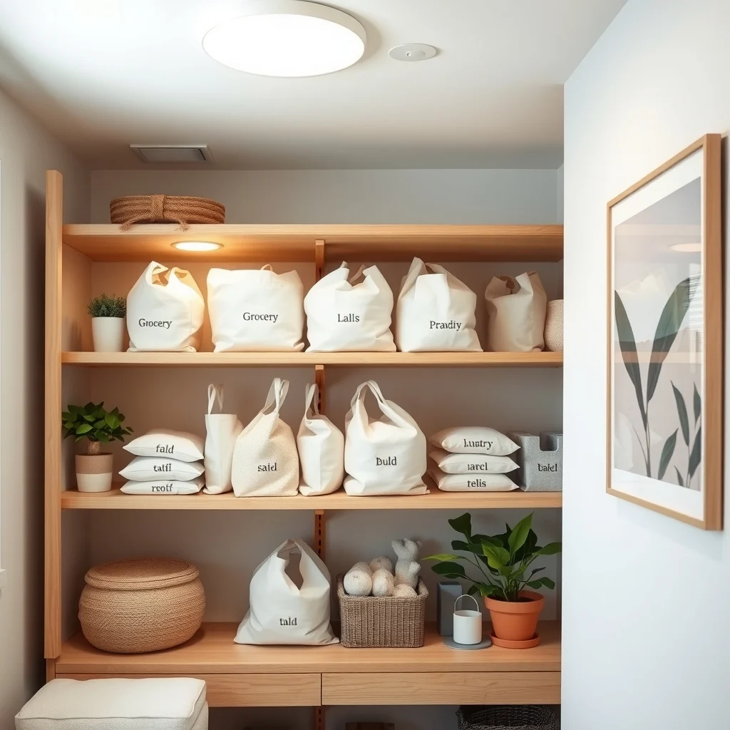 Organized linen closet with light oak shelves labeled Grocery Produce Bulk each shelf holds folded reusable bags in pastel shades illuminated by a recessed ceiling light