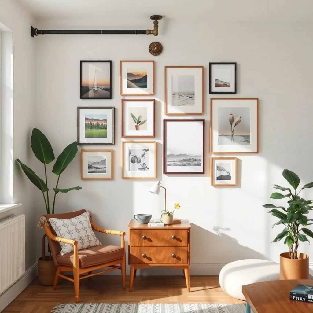 Rental Apartment Ideas for Hiding Unsightly Pipes and Fixtures: 6. Create a Mini Gallery Wall Around the Fixture - Turning a wall with an exposed gas valve or water shut‑off into a gallery can shift focus from the hardware to curated art. Arrange a collection of frames in varying sizes, leaving a deliberate gap