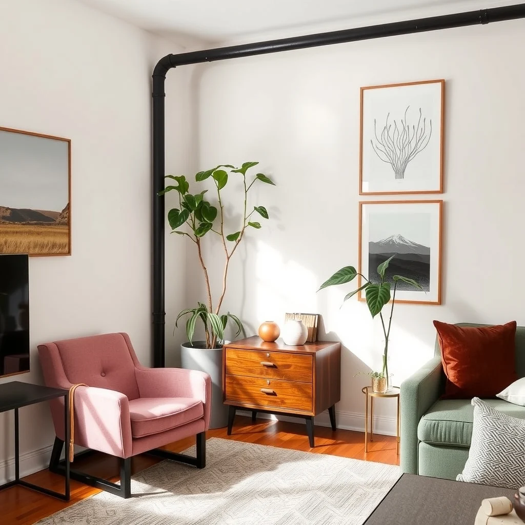 Rental Apartment Ideas for Hiding Unsightly Pipes and Fixtures: 7. Use a Tall Plant Stand to Obscure the Pipe - A tall, narrow plant stand can serve as a living screen for an exposed pipe. Choose a stand in a material that complements the room—metal in matte black, a sleek metal, or a natural bamboo—and
