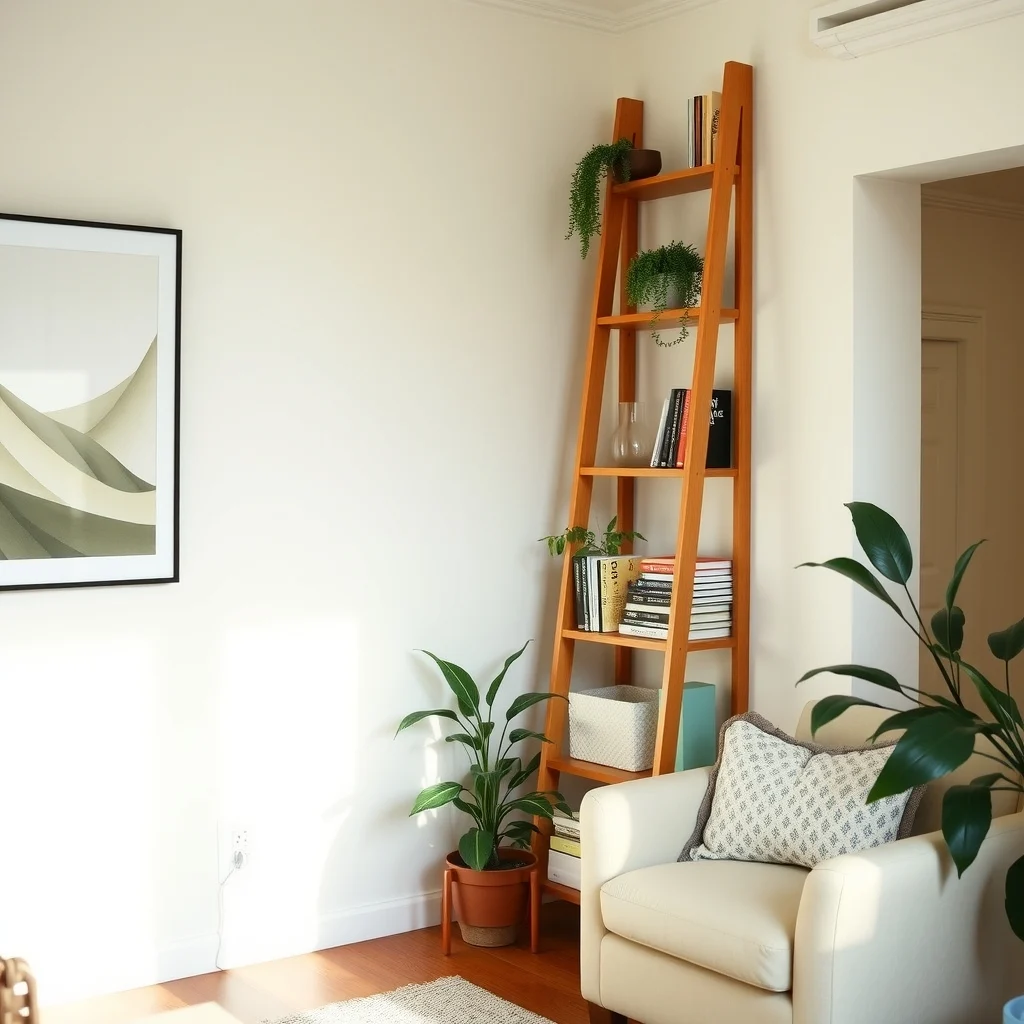 Renter-Friendly Shelving Ideas for Apartments With Strict Lease Rules: 1. Freestanding Ladder Shelf That Doubles as a Room Divider - A wooden ladder shelf leans against a wall and provides multiple tiers for books, plants, and decorative boxes. Because it rests on the floor, there’s no need for brackets or screws, and the entire piece