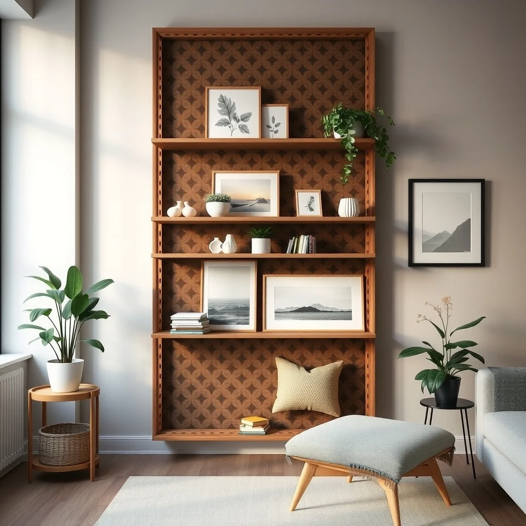Renter-Friendly Shelving Ideas for Apartments With Strict Lease Rules: 6. Decorative Lattice Panels as Temporary Backdrops - A decorative lattice panel—often made from reclaimed wood or metal—can be propped against a wall and serve as a backdrop for freestanding shelves. By leaning the panel at a slight angle, you create a visual