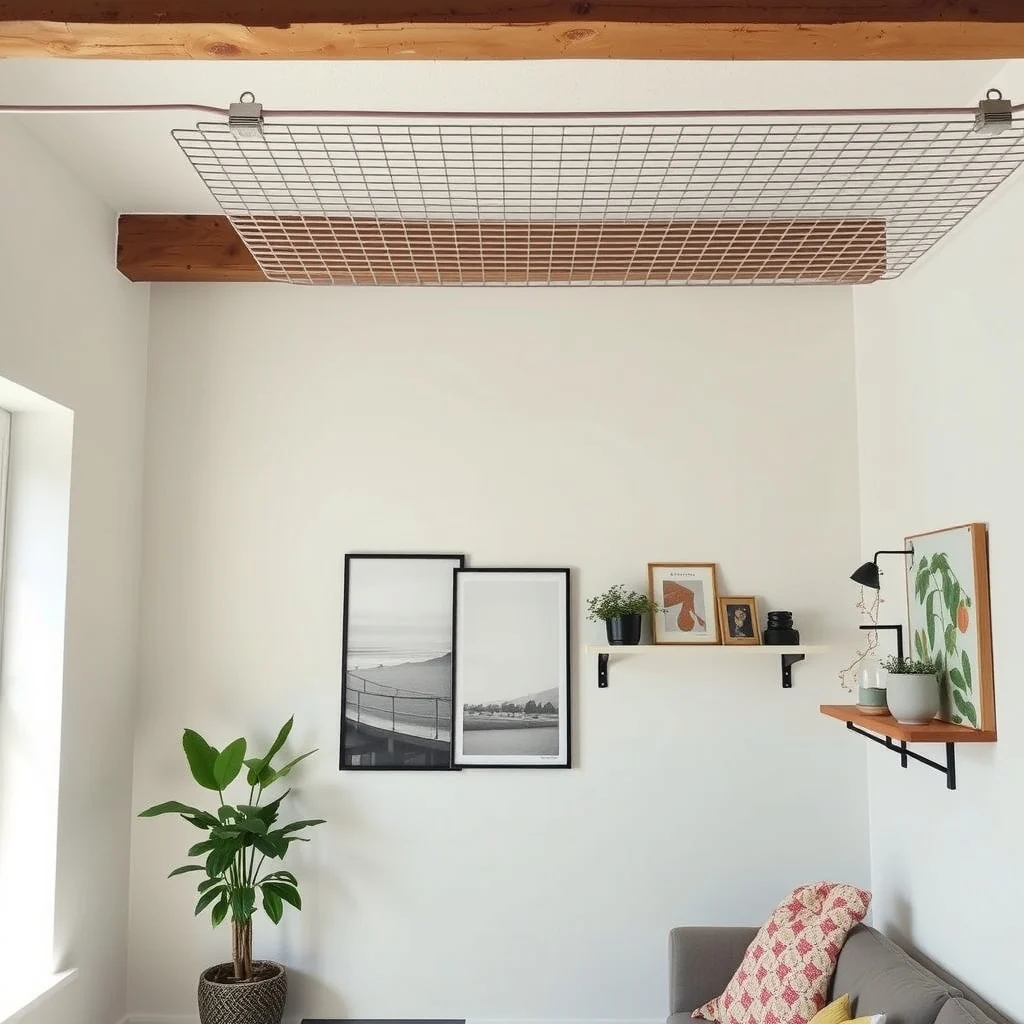 Renter-Friendly Shelving Ideas for Apartments With Strict Lease Rules: 7. Ceiling‑Mounted Wire Grid with Clamp‑On Shelves - In studios or lofts with exposed beams, a thin steel wire grid can be attached to the ceiling using removable adhesive hooks that are designed for temporary installations. Once the grid is in place, clamps