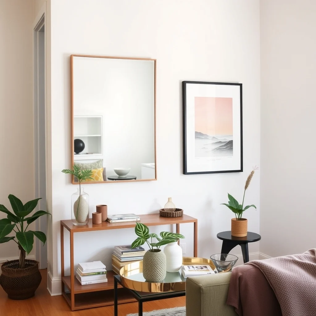 Renter-Friendly Ways to Improve an Apartment's Awkward Lighting: 5. Introduce Mirrored or Reflective Surfaces to Bounce Light - Strategically placed mirrors amplify whatever light is already present, making a cramped studio feel more spacious. A large, frameless mirror above a console table reflects both natural and artificial sources, while a decorative mirrored tray