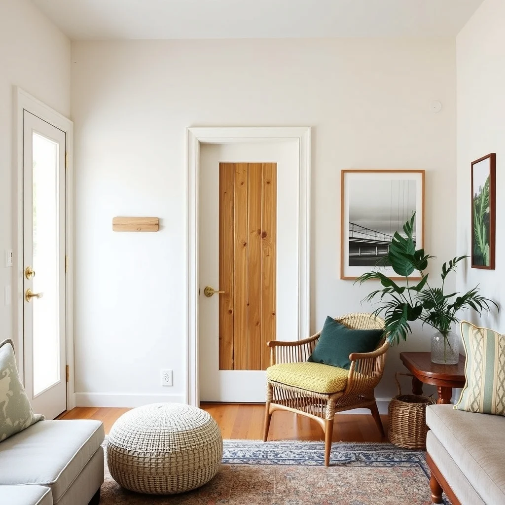 Renter-Friendly Ways to Make Builder-Grade Doors Look More Elegant interior: 2. Hang a decorative door panel or overlay - If painting feels permanent, consider a removable panel that sits over the existing door. These panels come in materials such as frosted acrylic, reclaimed wood, or woven bamboo and attach with simple adhesive strips or