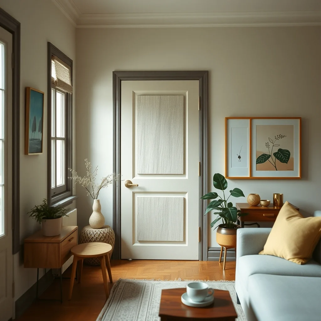 Renter-Friendly Ways to Make Builder-Grade Doors Look More Elegant interior: 4. Use fabric or wallpaper inserts - A fabric panel or peel‑and‑stick wallpaper can give a door texture and pattern without permanent alteration. Choose a breathable linen in a muted tone for a soft, tactile surface, or opt for a bold geometric