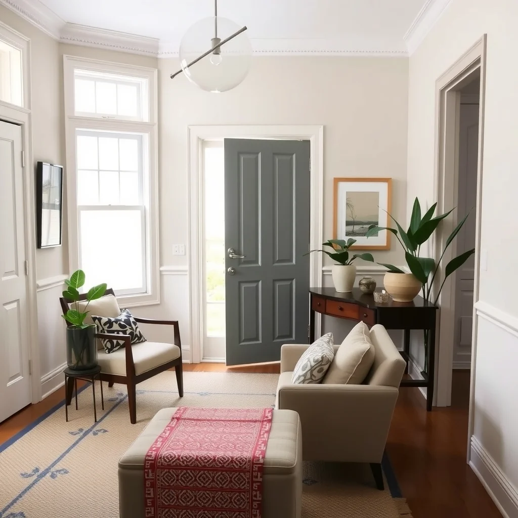 Renter-Friendly Ways to Make Builder-Grade Doors Look More Elegant interior: 7. Position furniture and accessories to draw the eye - Sometimes the simplest upgrade is to let the surrounding décor do the work. A tall console table with a decorative runner placed directly opposite the door creates a visual line that frames the entry point.