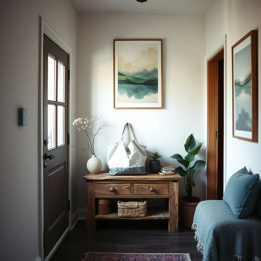 Rustic entry hallway features a canvas tote on a reclaimed