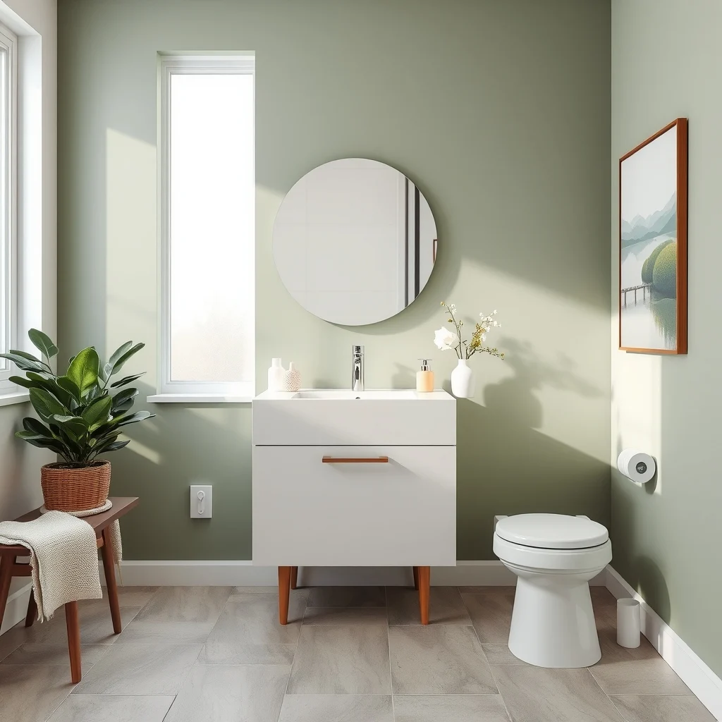 Sage green accent wall behind a sleek white vanity moisture resistant matte paint brushed nickel faucet soft natural light from frosted window wide angle showing tile floor and subtle greige grout