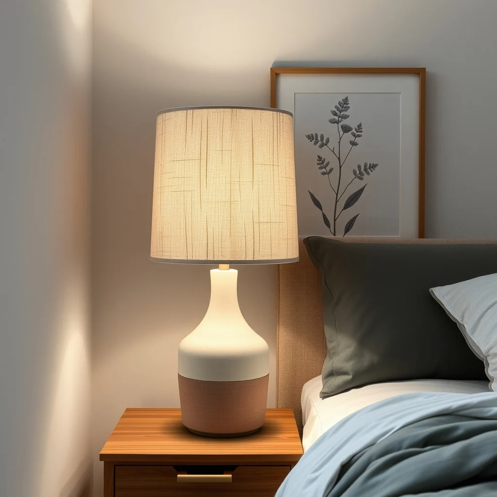 Scandinavian bedroom nightstand displaying a linen shade table lamp greige texture diffusing soft glow onto a ceramic diffuser abstract botanical print behind close up emphasizing shade material