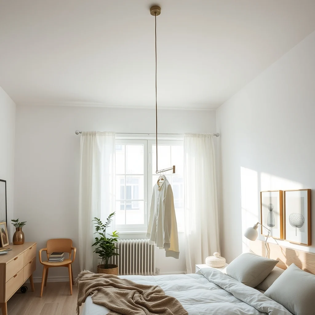 Scandinavian bedroom with high ceiling sleek chrome ceiling mounted pull down rod cord in brushed brass soft white curtains daylight streaming rod lowered with hanging pastel shirts wide room perspective
