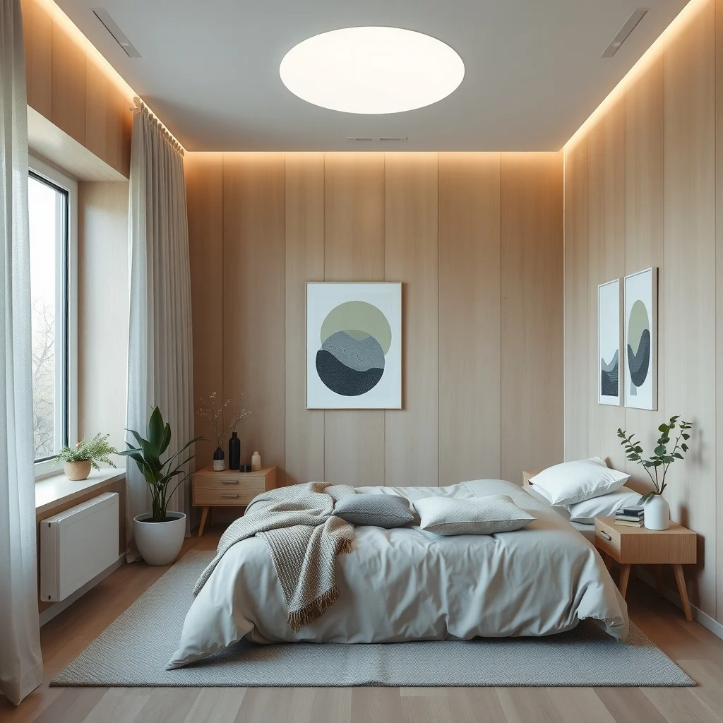 Scandinavian bedroom with light ash walls cool white 4500K LED panel hugging ceiling casting bright