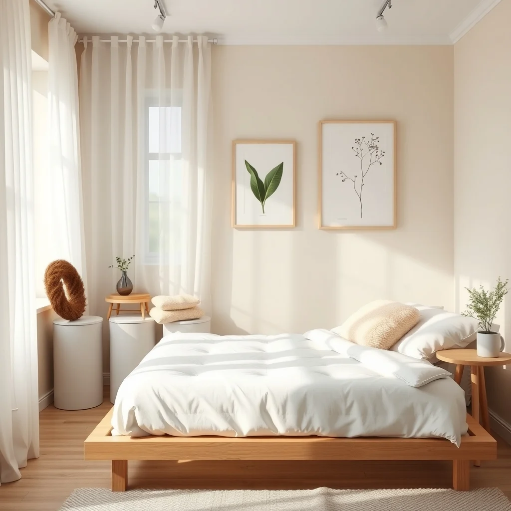 Scandinavian bedroom with light oak platform bed under frame low profile white plastic containers hold plush faux fur throws folded wreaths illuminated by soft morning daylight filtering through sheer curtains
