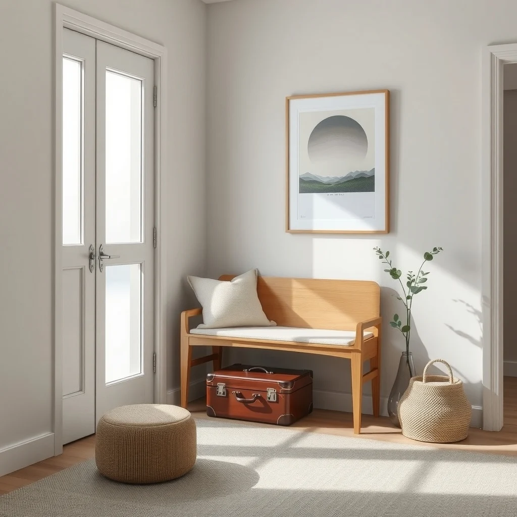 Scandinavian entryway light oak bench with linen cushion hinged lid open revealing suitcase natural light from frosted door neutral walls abstract geometric wall art