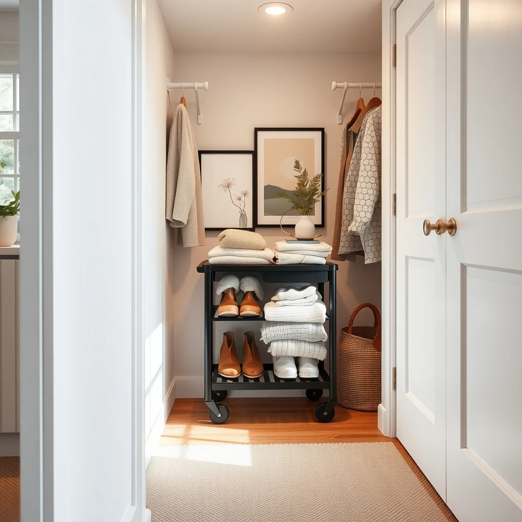 Scandinavian inspired closet nook narrow 13 inch rolling cart on matte black wheels stacked with pastel shoes and folded sweaters brushed steel handles catch warm amber light from a recessed ceiling fixture