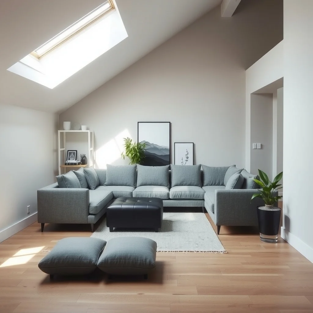 Scandinavian-inspired loft modular gray sectional with detachable chaise tucked beside a narrow alcove housing a matte black rectangular ottoman crisp daylight streams through skylight highlighting light gray woven rug