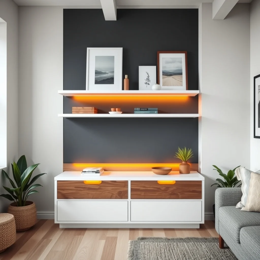 Scandinavian-inspired loft white floating shelves spanning a matte charcoal wall behind two planks shallow walnut boxes with brushed metal pull out drawers warm amber LED strip lighting accentuates the arrangement