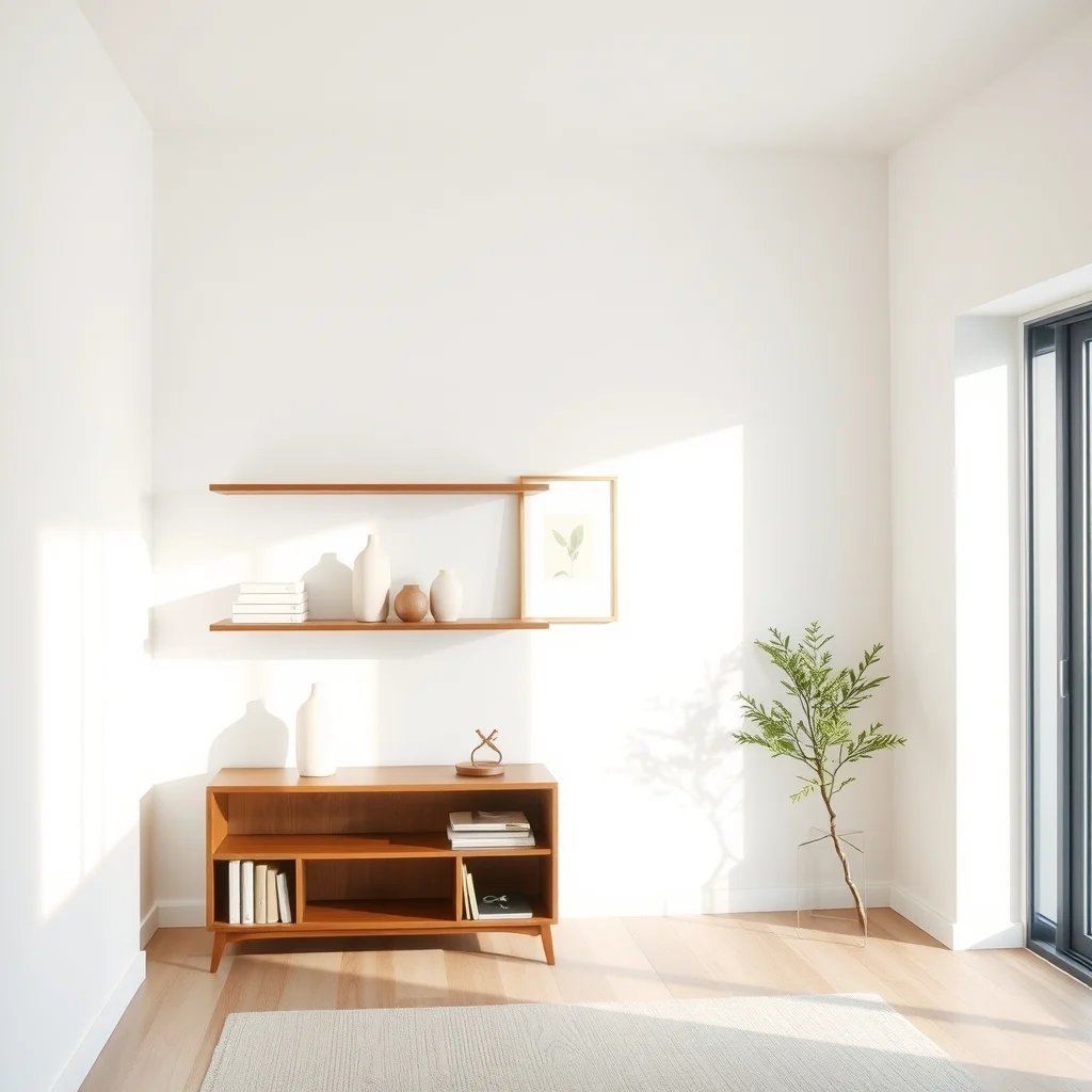 Scandinavian-inspired low open back bookcase walnut shelves perpendicular to longest wall displaying minimal ceramic vases pastel books and a small botanical print bright natural daylight fills the airy room wide-angle view