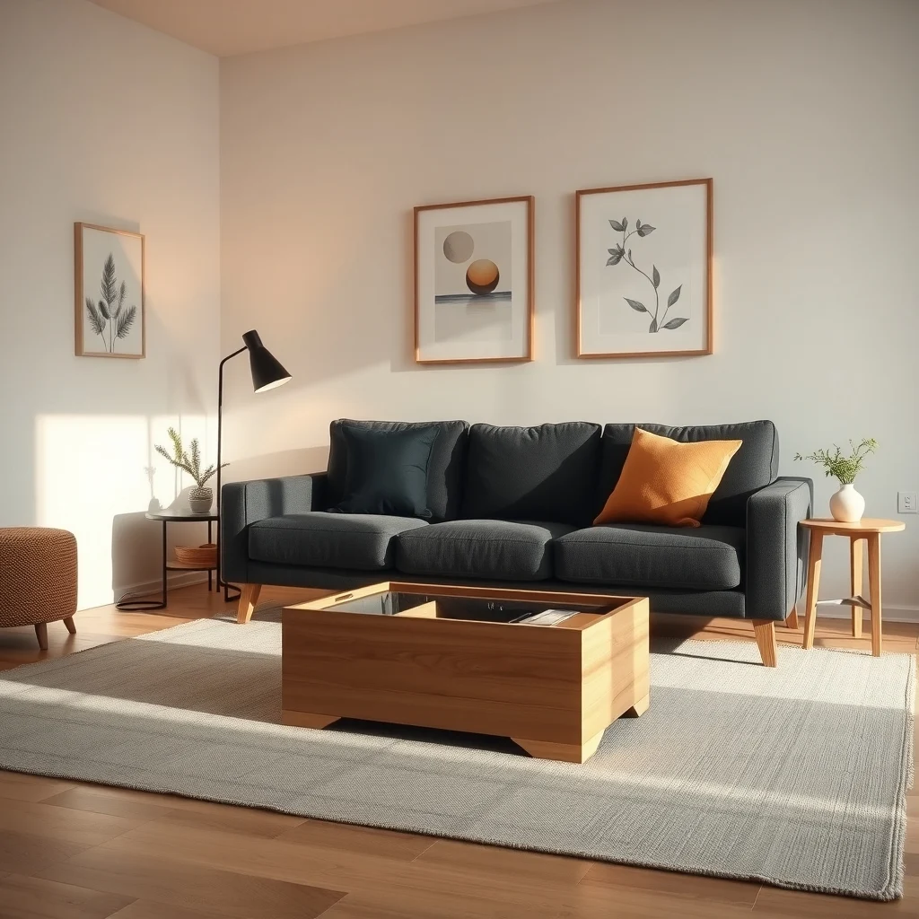 Scandinavian living area light walnut ottoman with concealed compartment positioned at foot of charcoal sofa natural linen rug warm ambient lighting minimal abstract line art on wall soft shadows