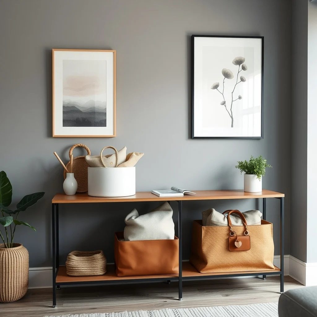 Scandinavian living room console displays woven rattan basket matte ceramic tub and leather covered box each holds a handful of neutral tone bags textured against a muted gray wall